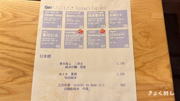 旭川グルメ 東旭川 HEISON Craft Beer & Parfait メニュー